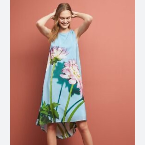 Anthropologie Photorealistic Silk Dress Duchess de Nemours peonies blue Sz 6 - Picture 14 of 16